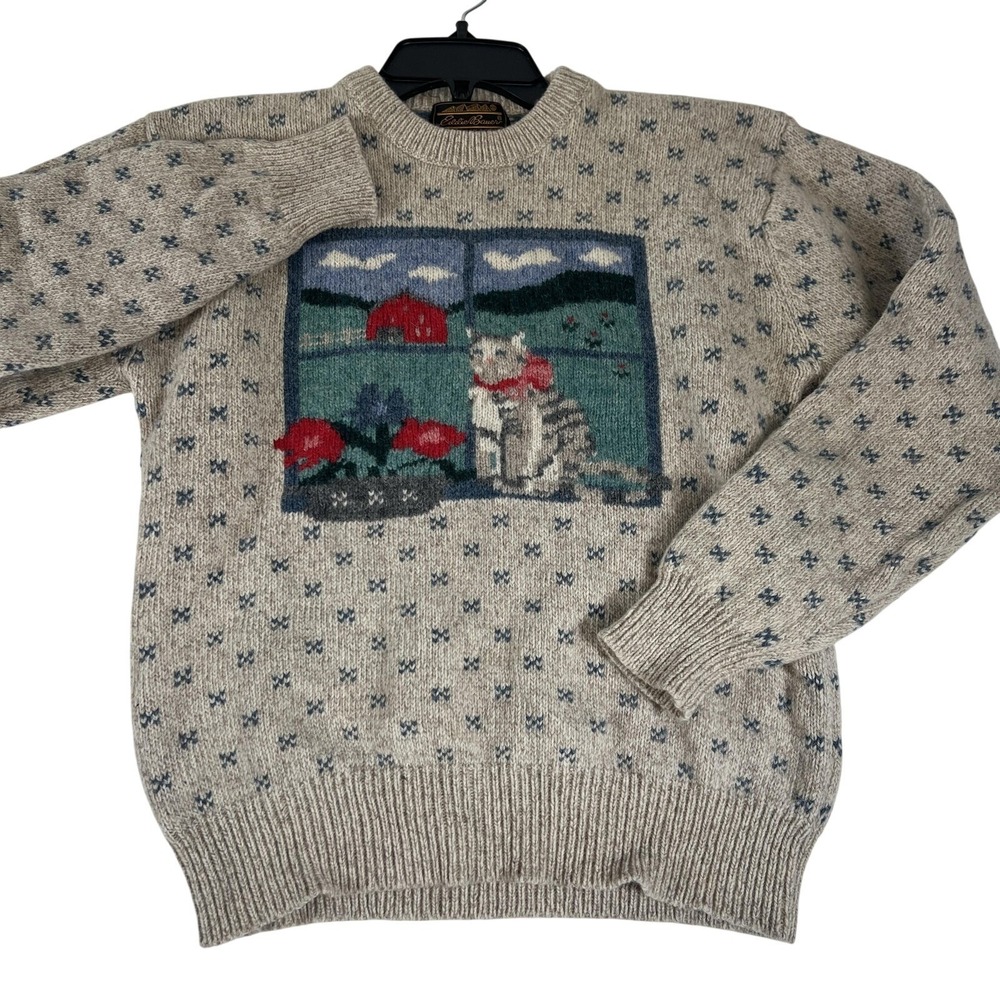 Vintage 1989 Eddie Bauer Sweater Womens Medium Beige Cat Barn Wool Knit Pullover